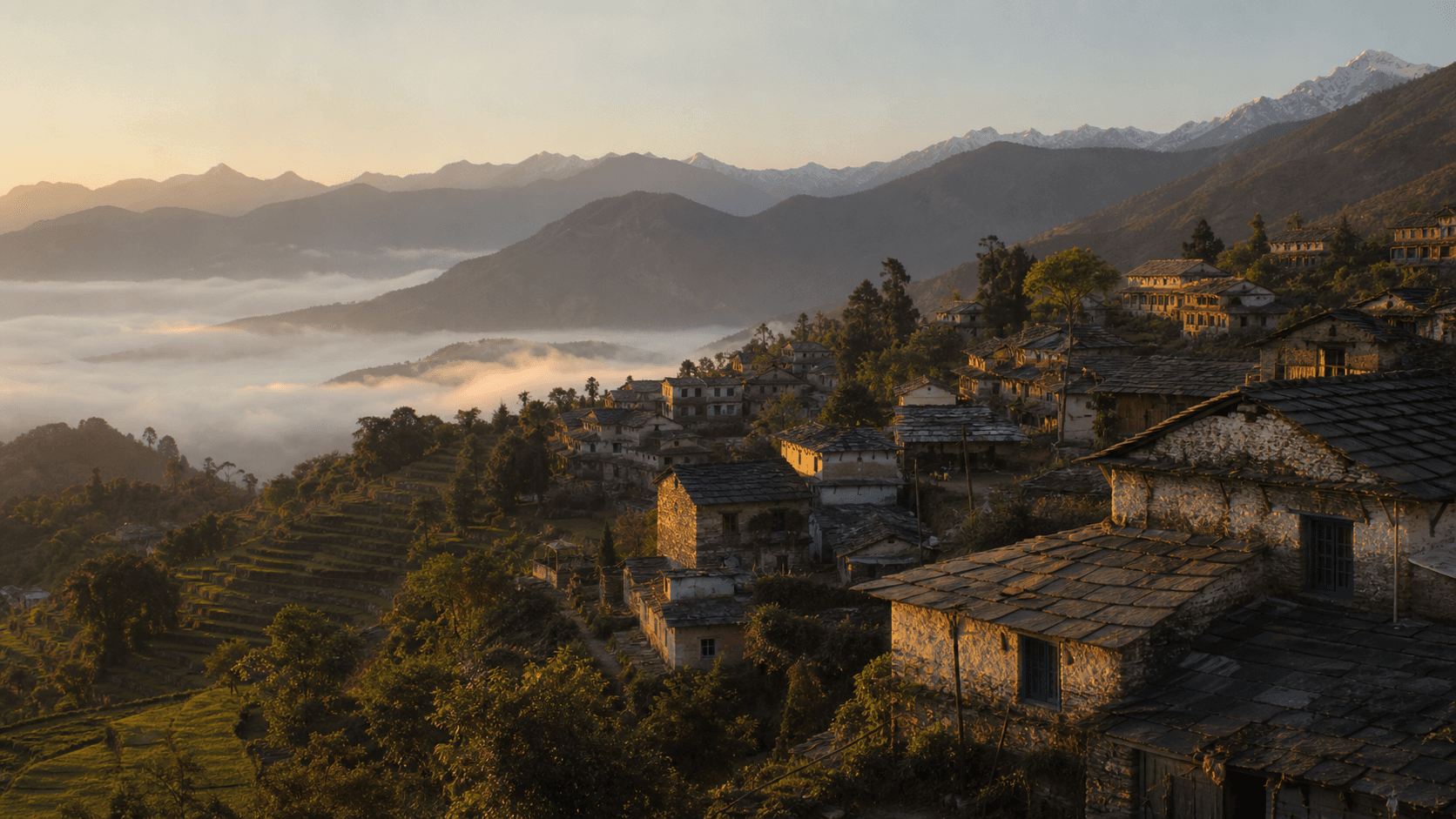Pahadi village at dawn — Devbhoomi landscape