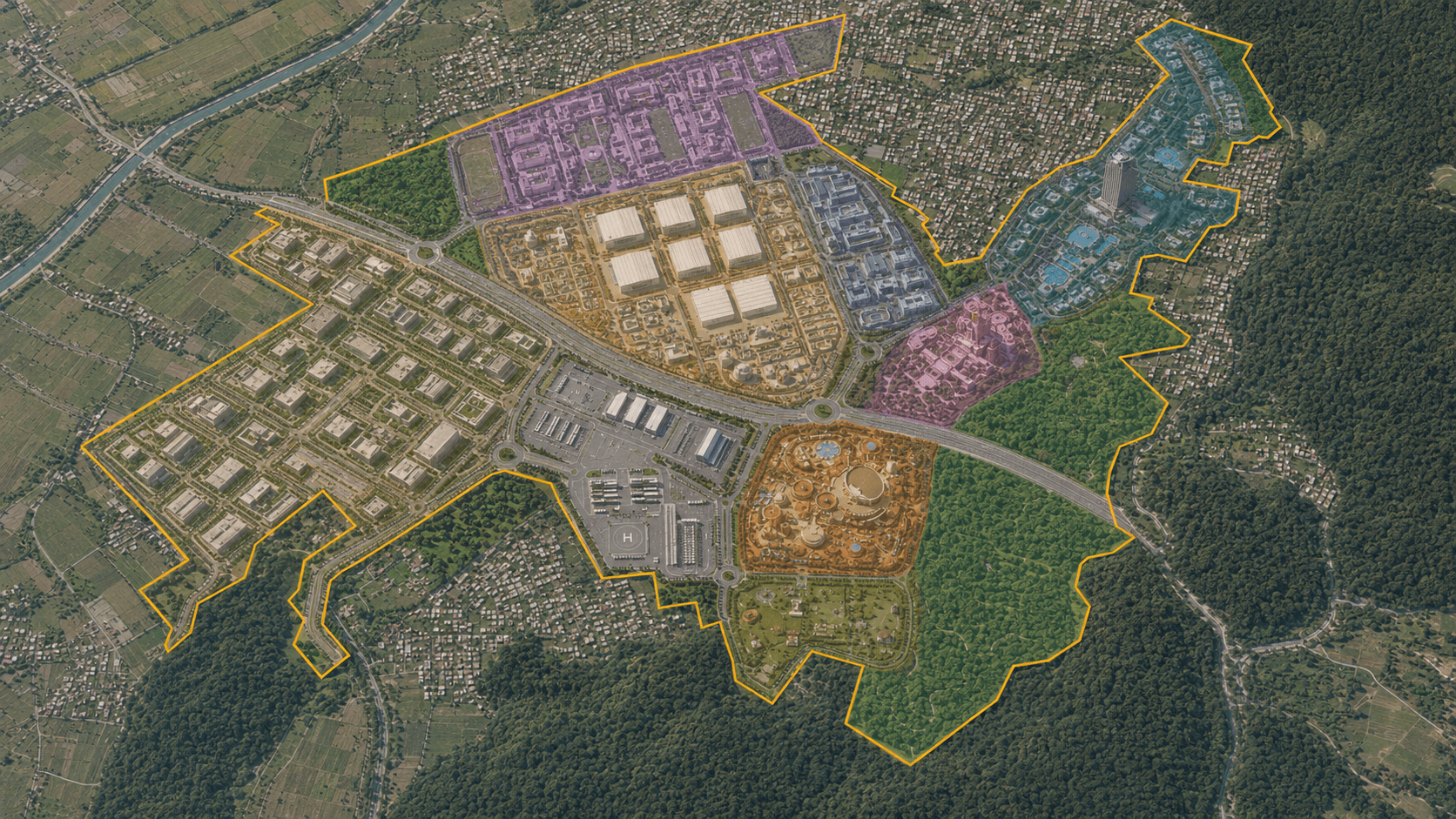 DBFC master plan — aerial render of the 650-acre campus